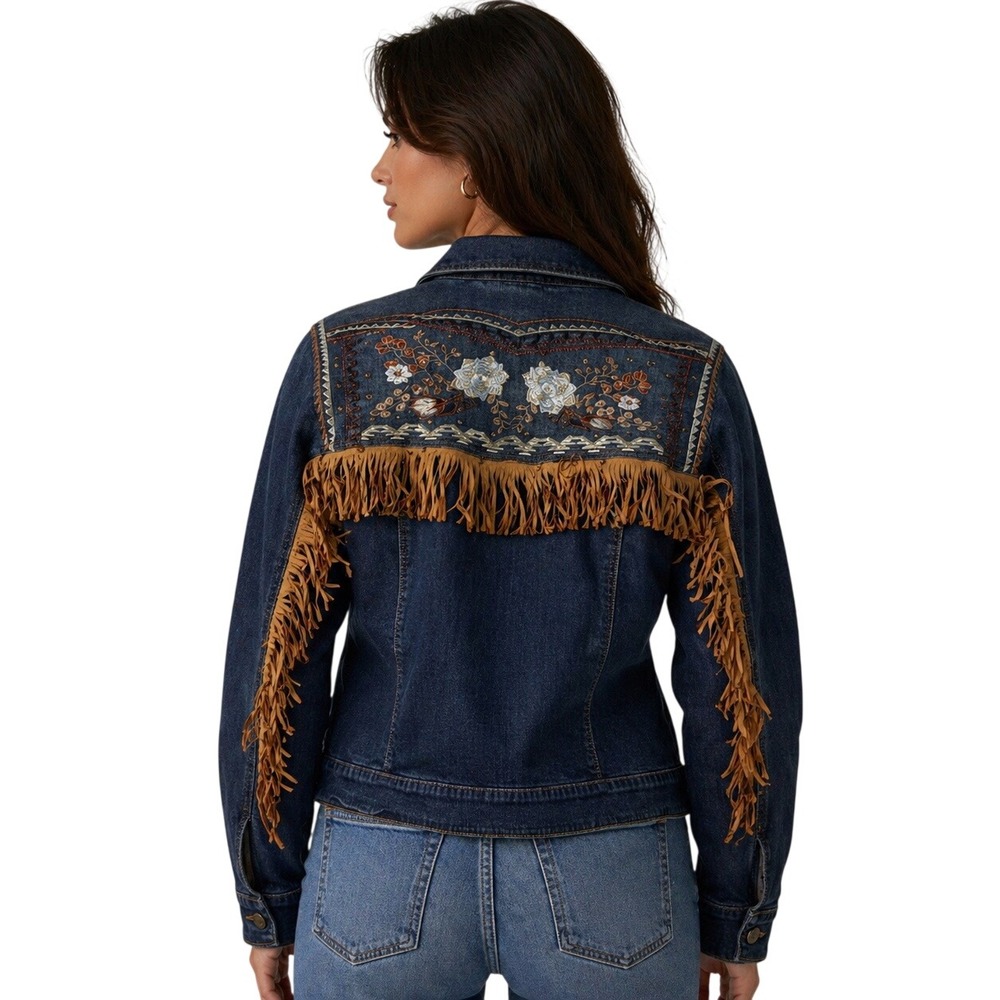 G by Giuliana Black Label Western Fringe Denim Jacket‎ Embroidered Blue 24W Plus